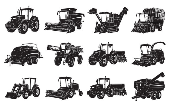 Agricultural machinery and farm tractor silhouette icon set. Industrial heavy farming vehicles and harvest equipment vector illustrations.