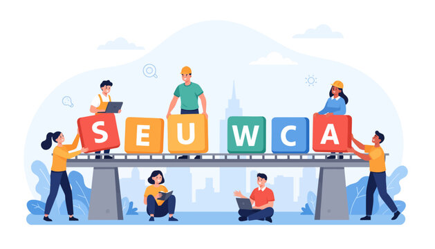 Illustration of diverse workers assembling colorful block letters on a bridge