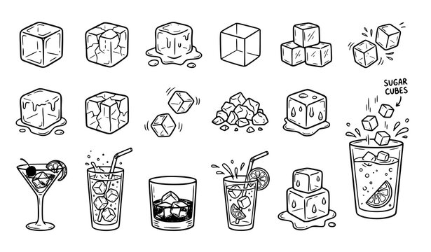 Hand Drawn Ice Cube Sketch Doodle Vector Set with Water Splash Drink and Cocktail Outline Icons