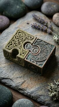 Celtic and steampunk puzzle pieces on stone