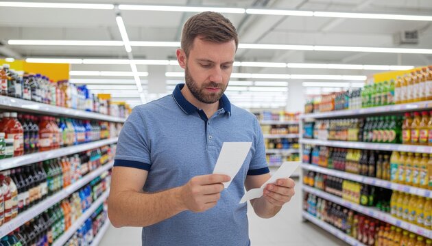 Worried man looking at bill after buying groceries at supermarket 