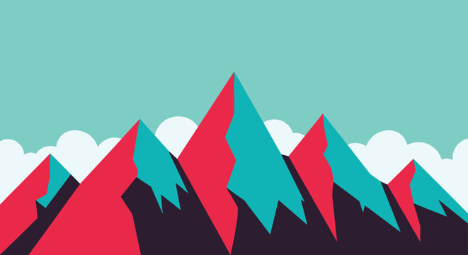 Sharp mountain peaks with vibrant red and blue facets stand tall against a clear turquoise sky filled with white puffy clouds.