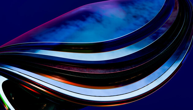 Abstract blue reflective flowing curves with dynamic modern light