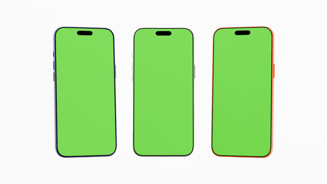 3D Illustration of Three Smartphones with Green Screen Display in Blue, White, and Orange Colors on White Background