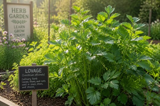 Lush lovage plants growing in an herb garden during the soft morning light.