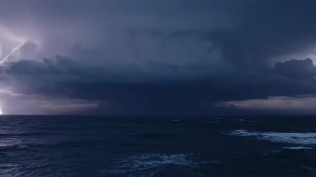 Lightning flashes across dark storm clouds above turbulent ocean waters. Dramatic nighttime setting with deep shades of blue and grey. Concept of weather, nature, oceanography