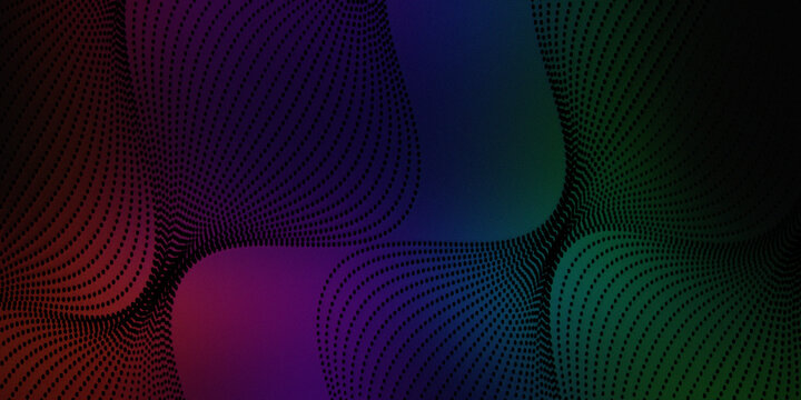 Futuristic abstract background with dark flowing wave patterns created by tiny glowing dots against vibrant multi color gradient.
