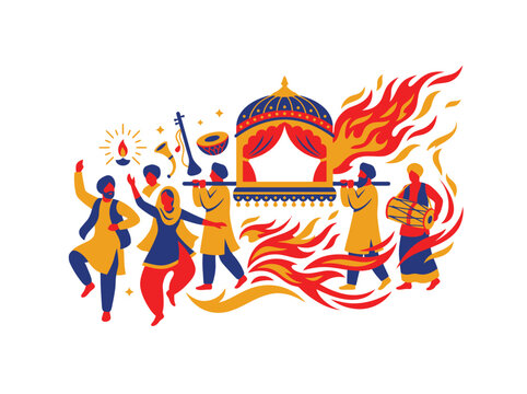 Punjabi wedding baraat procession illustration with dancers, dhol player, and doli palanquin in vibrant folk art style