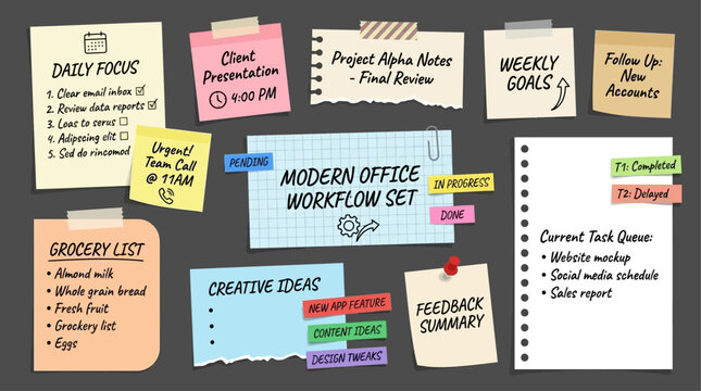 A vector illustration of a modern office workflow set with notes and reminders on a gray background with various colorful sticky notes.