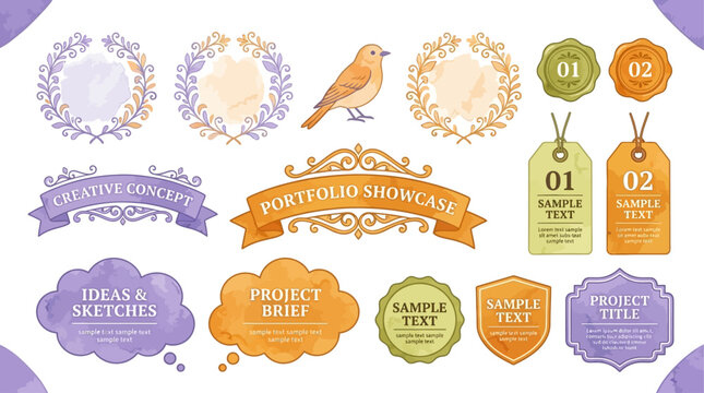 A vector graphic illustration of various colorful badges and labels on a white background showcasing design elements.