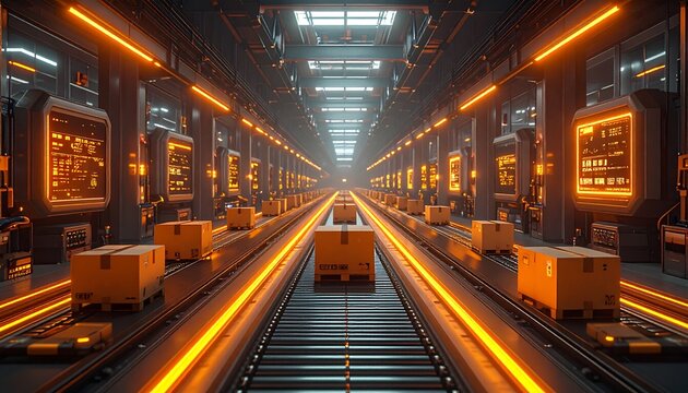 Smart Factory with Robotic Arms in Warm Orange Neon Lighting Industry 4.0 Automation