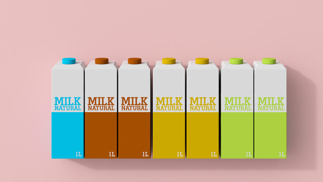3D rendering, Row of milk cartons in different colors