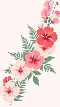 Elegant floral arrangement featuring pink and red hibiscus flowers with green fern leaves on a soft background