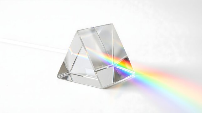 Clear optical glass triangular prism refracting a soft rainbow light beam, isolated on a solid white background