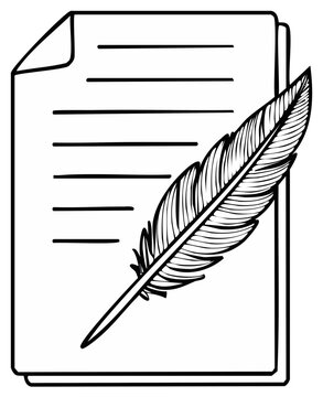 Feather quill and stack of paper sheets - Writing process, documentation, legal agreement concept