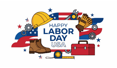 Naklejka premium Modern Happy Labor Day USA Banner with Workers Safety Equipment and American Elements Vector