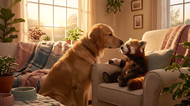 Golden retriever dog and red panda toy sharing moment indoors