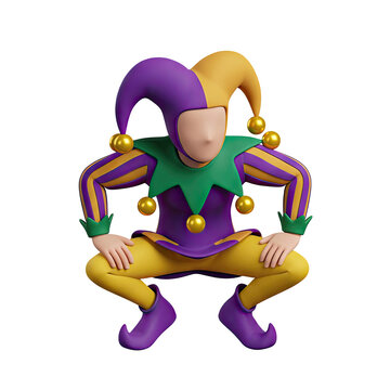 Jester character in purple and yellow costume