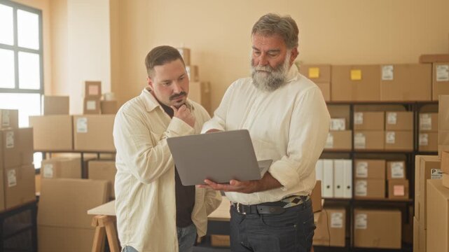 Two men with laptop, one finger on chin and the other holding the screen, surrounded by parcels in a building; teamwork focus.