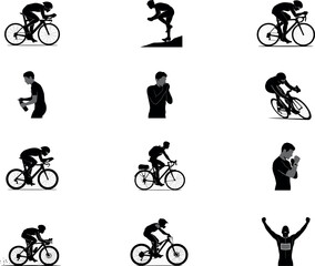 Obraz premium Cycling Athlete and Professional Bicycle Racer Silhouette Vector Set Featuring Road Biking Triathlon Mountain Bike and Winning Champion Poses