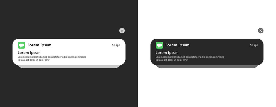 Push Notification Message Alert Bubble in Dark and Light Modes. Vector Illustration