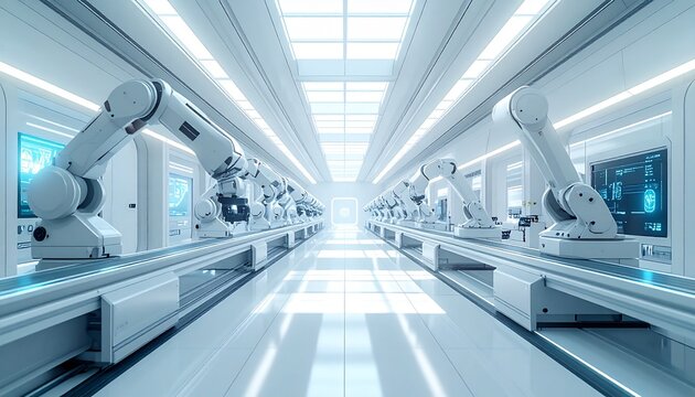 Bright White Smart Factory with Robotic Arms Clean Modern Automation Industry 4.0