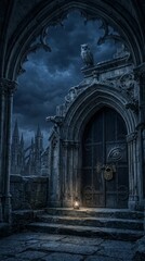 Fototapeta premium Gothic castle entrance with owl and lantern at night