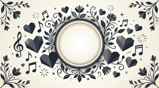 Elegant circular frame with musical notes and geometric hearts on a floral ornamental background