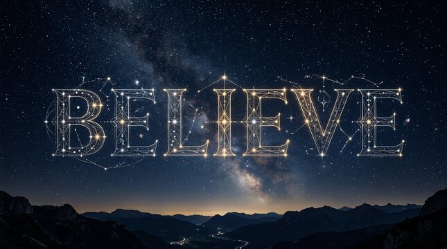 Glowing golden letters forming the word believe against a deep dark night sky filled with sparkling stars and cosmic nebula