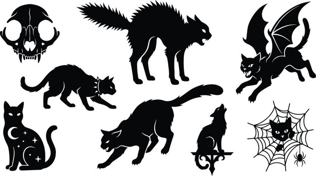 Halloween Black Cat Silhouette Set with Skull, Bat Wings, Spider Web, Arched Back, and Howling Poses for Spooky Season Designs