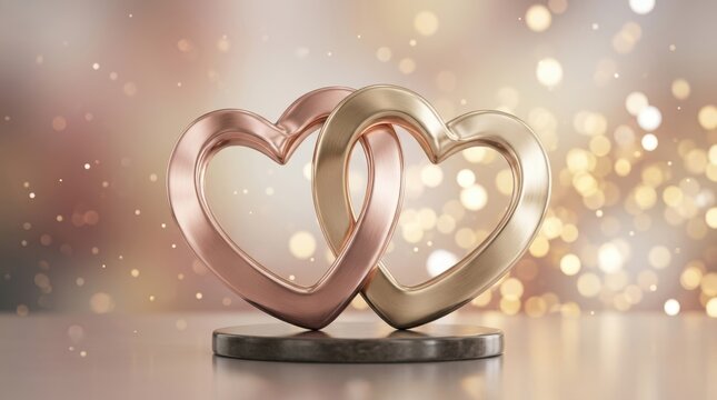 Interlocking metallic heart sculptures representing love and unity on a polished surface