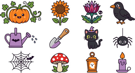 Fototapeta premium Cute Halloween Themed Garden Elements and Autumn Icons Clipart Collection