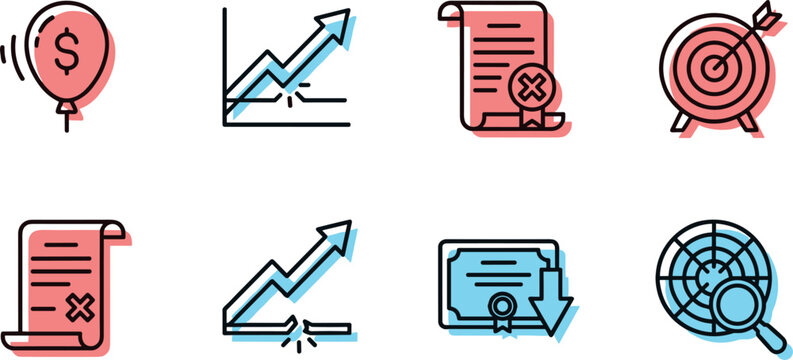 Financial Crisis and Business Risk Icon Set with Economic Inflation, Market Crash, Broken Graph, Cancelled Contract, and Target Deficit Symbols for Analytics Presentation