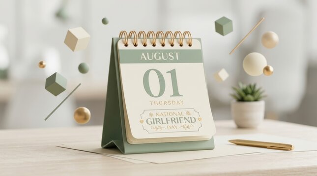 Desktop calendar showing national girlfriend day on august 1st with floating abstract 3d shapes