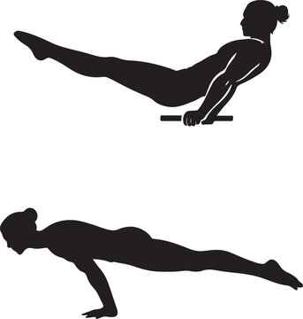 Man and woman performing gymnastic poses on parallel bars and plank silhouette.