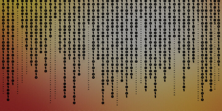 Matrix code background featuring falling binary digits on gradient orange and dark brown backdrop digital information data flow stream.