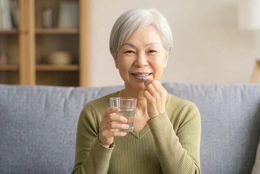 Senior Asian woman holding pills in her hand and a glass of water, sitting on a sofa at home with smile, senior healthcare concept
