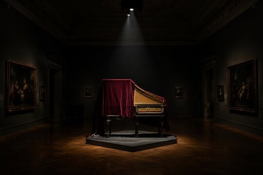 A museum gallery with a single harpsichord covered in velvet under a dramatic spotlight.