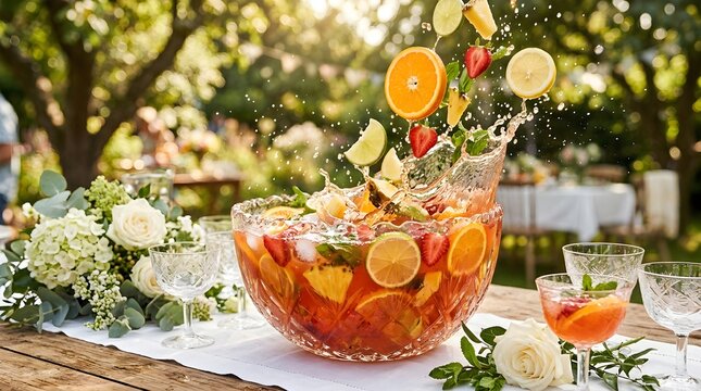 Punch bowl overflowing with fresh fruit splashes on a table during a banquet.