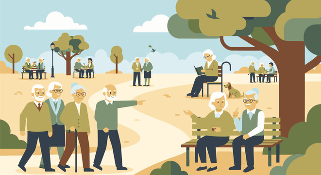 Elderly men walking and sitting in a sunny park with trees and people