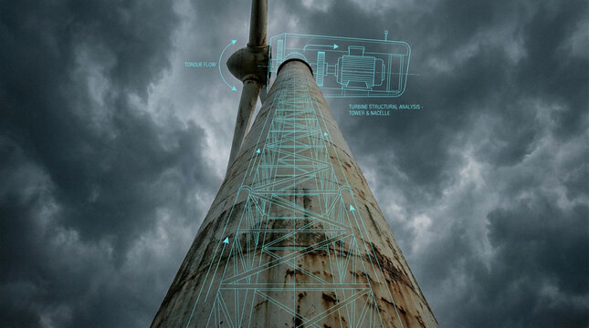 Wind turbine structural analysis blueprint with tower and nacelle diagram against stormy sky