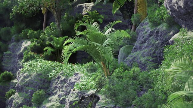 Regrowth of ferns and shrubs on limestone slope in Thailand, vibrant green shoots emerging among rocky outcrops, humid tropical texture with layered vegetation