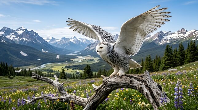 Snowy owl lands gracefully on a dry branch in a vibrant mountain meadow valley.