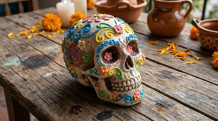 Ornate sugar skull decoration with marigold flowers and candles