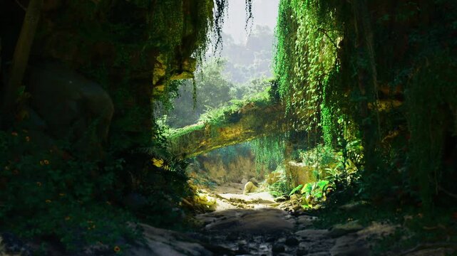 Sunlit Indonesian living bridge draped with vines, arching over shaded gully, textured moss and hanging roots, soft light spill creating depth, sense of passage