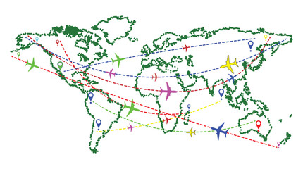 Global Air Travel Map with Airplane Icons and Flight Routes for Aviation, Transportation, and International Connection Design Projects © Rkniazi