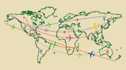 Global Air Travel Map with Airplane Icons and Flight Routes for Aviation, Transportation, and International Connection Design Projects © Rkniazi