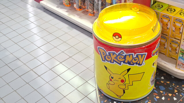 Pokemon Pikachu theme collectible tin canister canister container displayed on May 11,2026 in Bangkok, Thailand