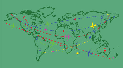 Global Air Travel Map with Airplane Icons and Flight Routes for Aviation, Transportation, and International Connection Design Projects © Rkniazi