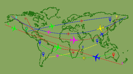 Global Air Travel Map with Airplane Icons and Flight Routes for Aviation, Transportation, and International Connection Design Projects © Rkniazi